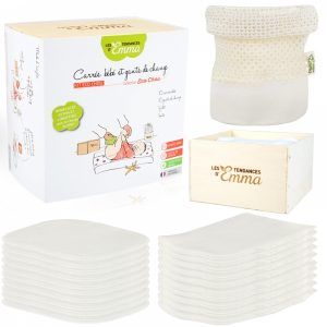 kit eco chou 10 carrés bébé lavables (10x12cm) 10 gants de change (12x15cm) dans leur boite en bois